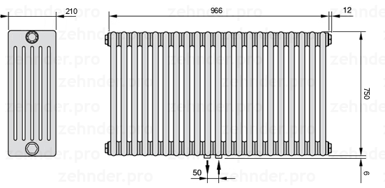 Схема (чертеж) Радиатор Zehnder Charleston 6075/21 №5410 Белый глянцевый RAL 9016